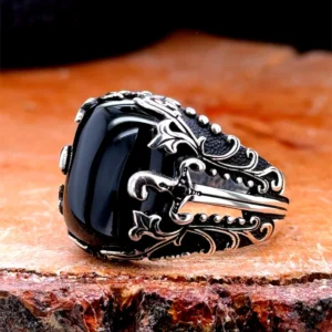 Men Handmade Sword Onyx Ring , Natural Onyx Stone Ring, Black Onyx Ring, Onyx Signet Men Ring