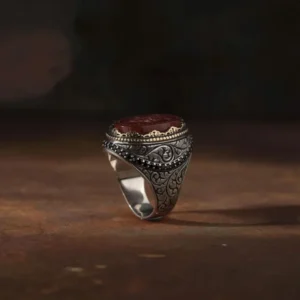 Men's Silver Red Agate Ring, Ya Hayyu Ya Kayyum Calligraphy, Ism-i Azam Jewelry