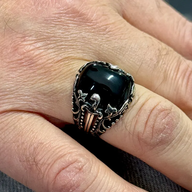Men Handmade Sword Onyx Ring , Natural Onyx Stone Ring, Black Onyx Ring - Image 2