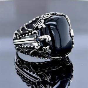 Men Handmade Sword Onyx Ring , Natural Onyx Stone Ring, Black Onyx Ring