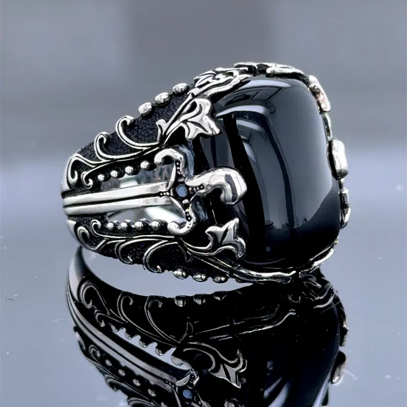 Men Handmade Sword Onyx Ring , Natural Onyx Stone Ring, Black Onyx Ring - Image 3