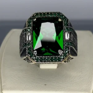 Emerald Sterling Silver Men's Ring: Handmade Turkish Ottoman Design