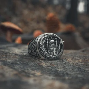 Islamic Mosque 925 Silver Ring - Allah Signet Ring for Men - Ottoman Style Silver Muslim Ring