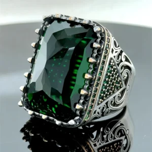 Turkish Handmade Emerald Gemstone Ring, Men Green Gemstone Ring, Large Statement Ring
