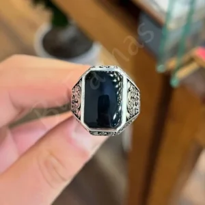 Handmade Yemeni Black Agate Ring: 925 Sterling Silver, Square Aqeeq, Turkish ring desgin