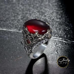 Red Agate 925 Sterling Silver Mens Ring: Handcarved Snake & Flower Design