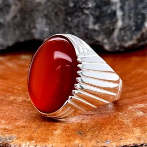 Silver Classic Red Agate Ring , Oval Aqeeq Carnelian Gemstone Ring