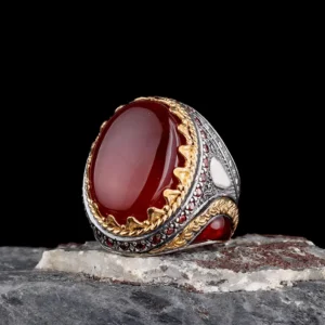 Handmade 925 Sterling Silver Men's Ring: Red Agate Ottoman Embroidered Ring
