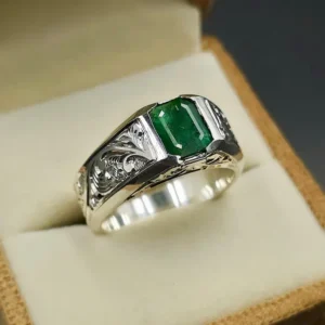 Handcrafted Square Cut 2 Carat Rich Green Natural Emerald Mens Ring Sterling Silver 925 Zamurd Ring