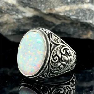Men's Silver Opal Ring, Engraved Handmade Ring, Ottoman Style Ring