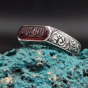 Silver Men's Ring with Kalima Tawhid Written on Agate Stone, Light Modern Design, Muslim Ring