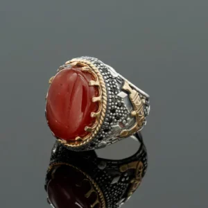 Luxury Handmade Sterling Silver Men's Ring with Red Yemeni Aqeeq Agate Stone – Statement Islamic Jewelry Gift