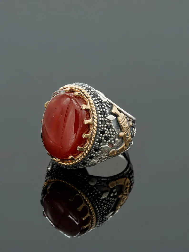 Luxury Handmade Sterling Silver Men's Ring with Red Yemeni Aqeeq Agate Stone – Statement Islamic Jewelry Gift, Father's Day Gift - Image 5