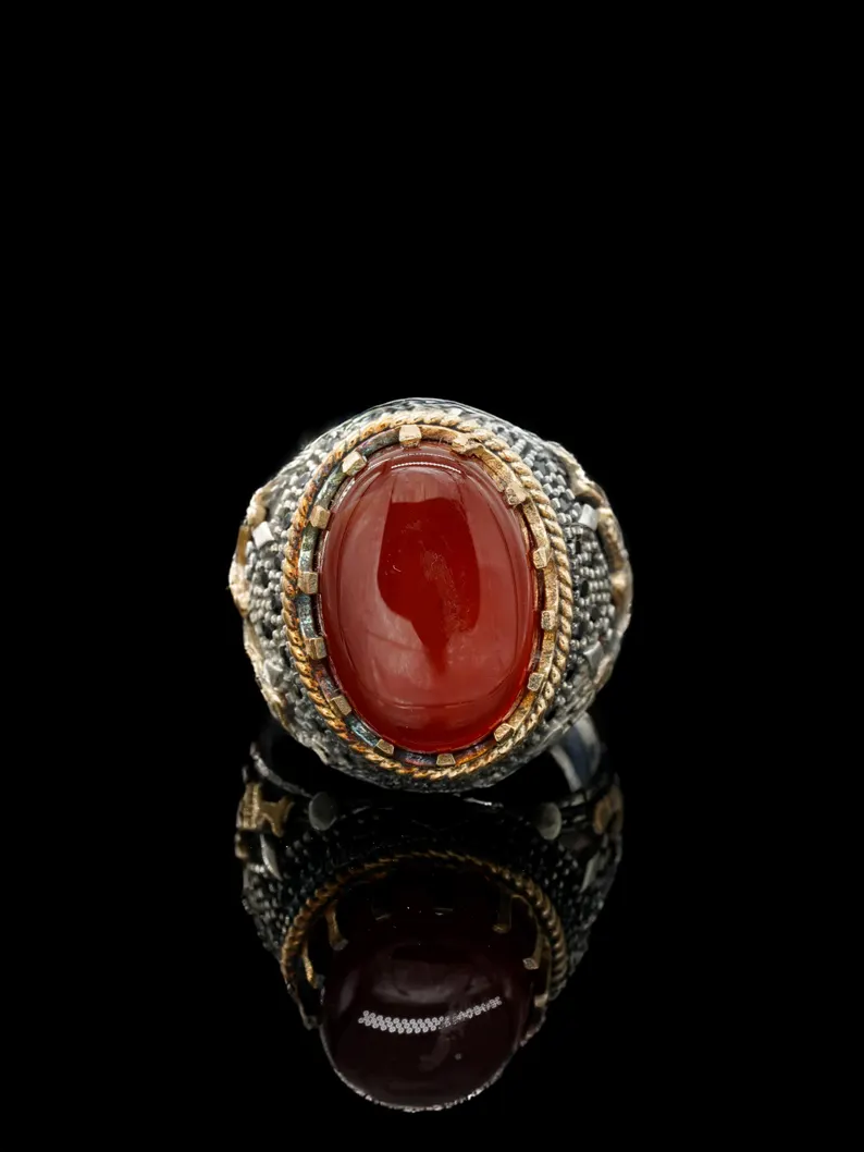 Luxury Handmade Sterling Silver Men's Ring with Red Yemeni Aqeeq Agate Stone – Statement Islamic Jewelry Gift, Father's Day Gift - Image 4