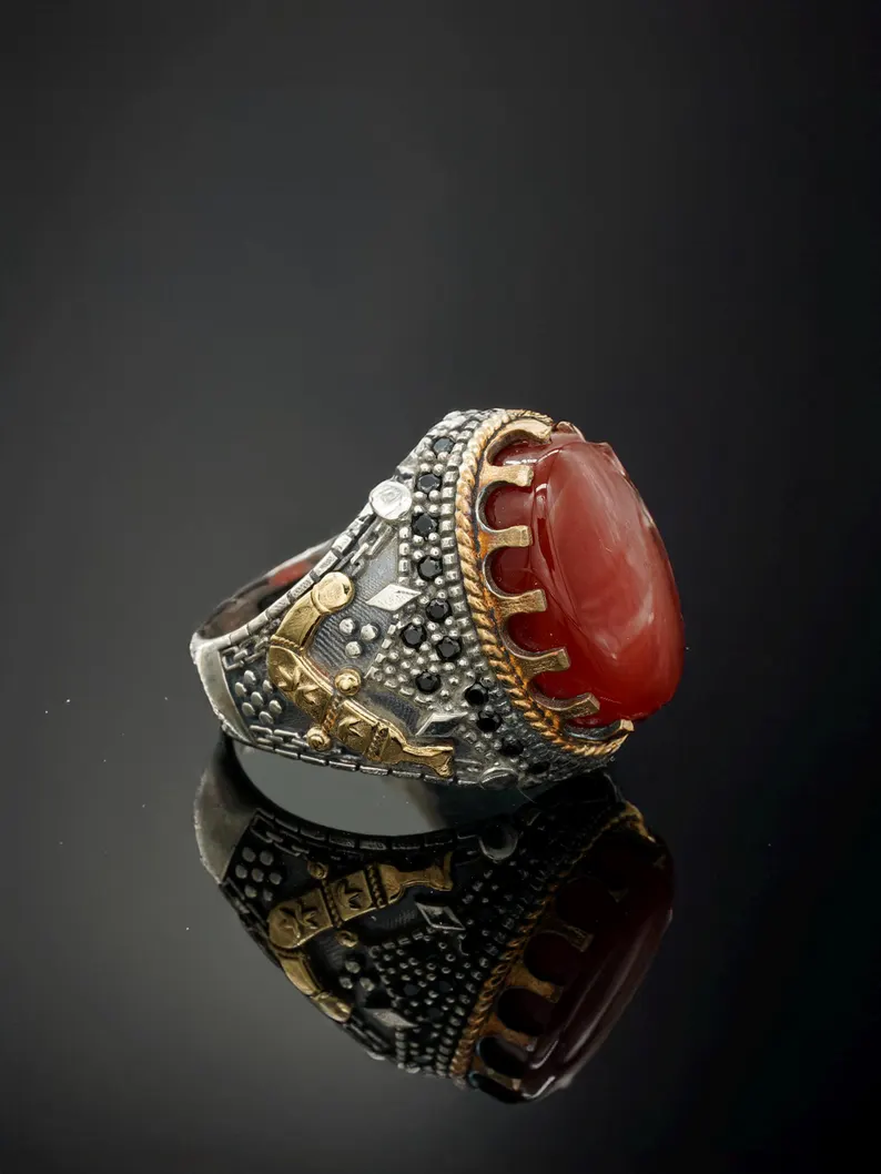 Luxury Handmade Sterling Silver Men's Ring with Red Yemeni Aqeeq Agate Stone – Statement Islamic Jewelry Gift, Father's Day Gift - Image 2
