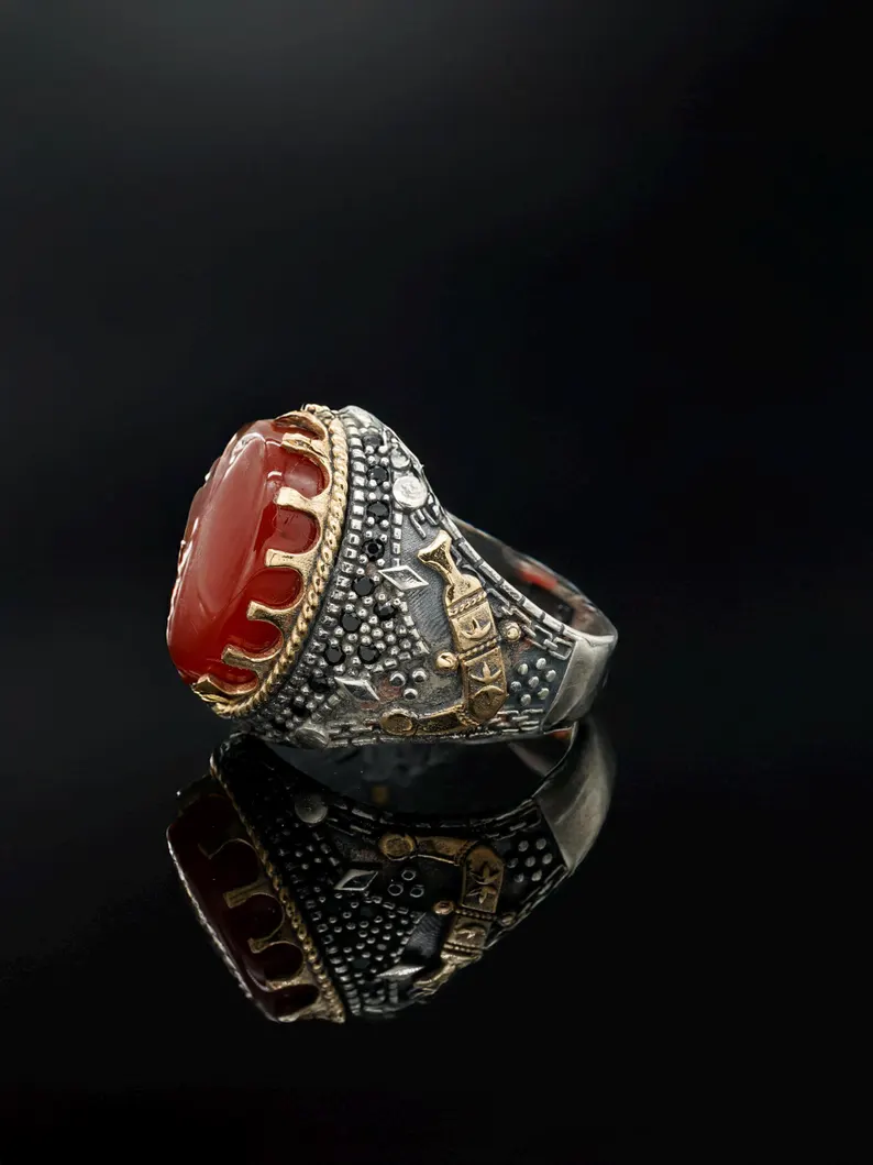 Luxury Handmade Sterling Silver Men's Ring with Red Yemeni Aqeeq Agate Stone – Statement Islamic Jewelry Gift, Father's Day Gift - Image 6