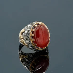 Luxury Handmade Sterling Silver Men's Ring with Red Yemeni Aqeeq Agate Stone – Statement Islamic Jewelry Gift, Father's Day Gift