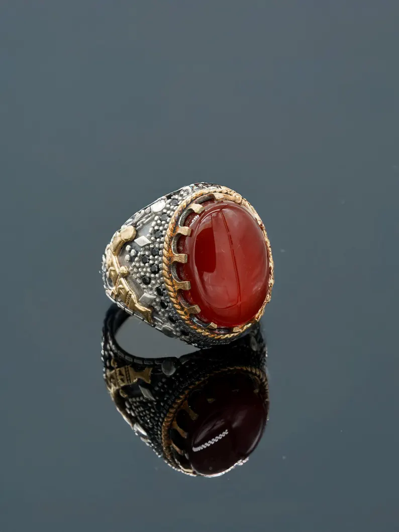 Luxury Handmade Sterling Silver Men's Ring with Red Yemeni Aqeeq Agate Stone – Statement Islamic Jewelry Gift, Father's Day Gift