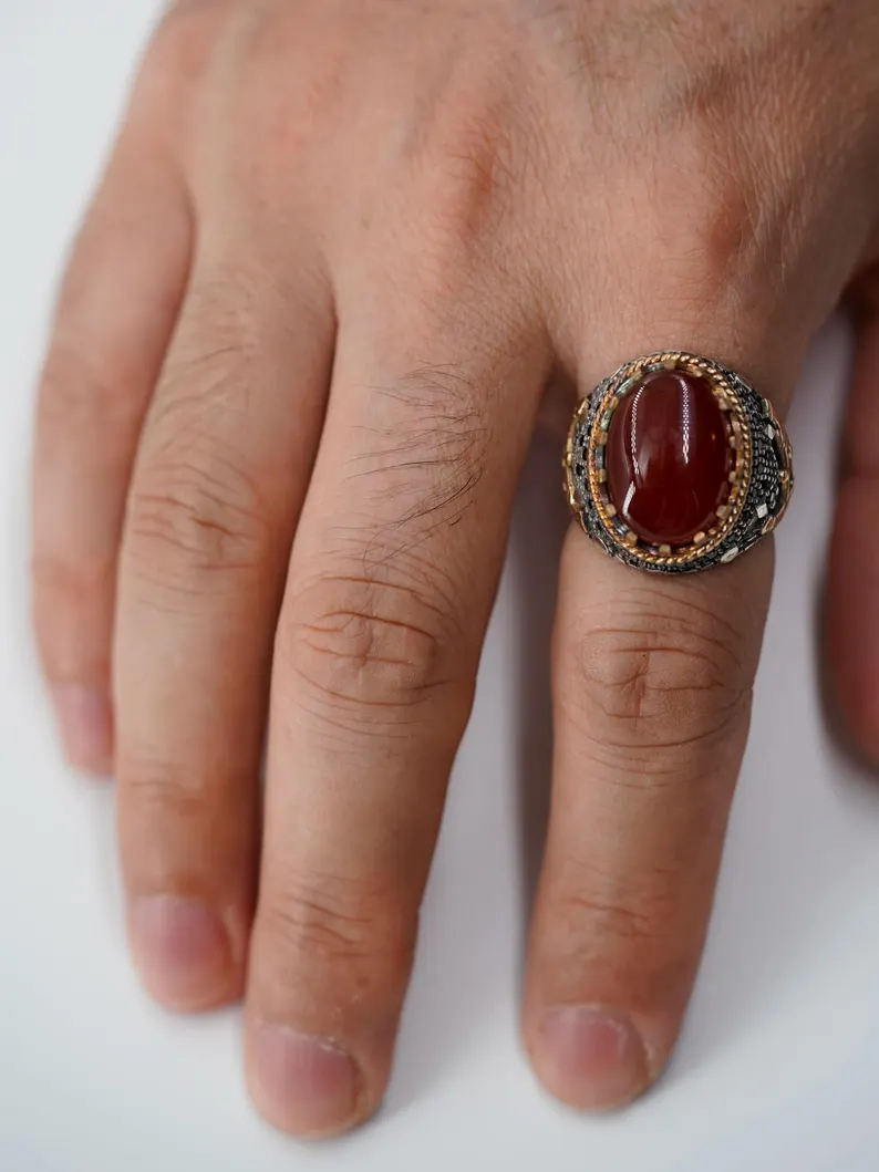 Luxury Handmade Sterling Silver Men's Ring with Red Yemeni Aqeeq Agate Stone – Statement Islamic Jewelry Gift, Father's Day Gift - Image 3