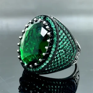 Men Silver Green Emerald Stone Ring, Oval Green Gemstone Ring, Turkish Handmade Ring
