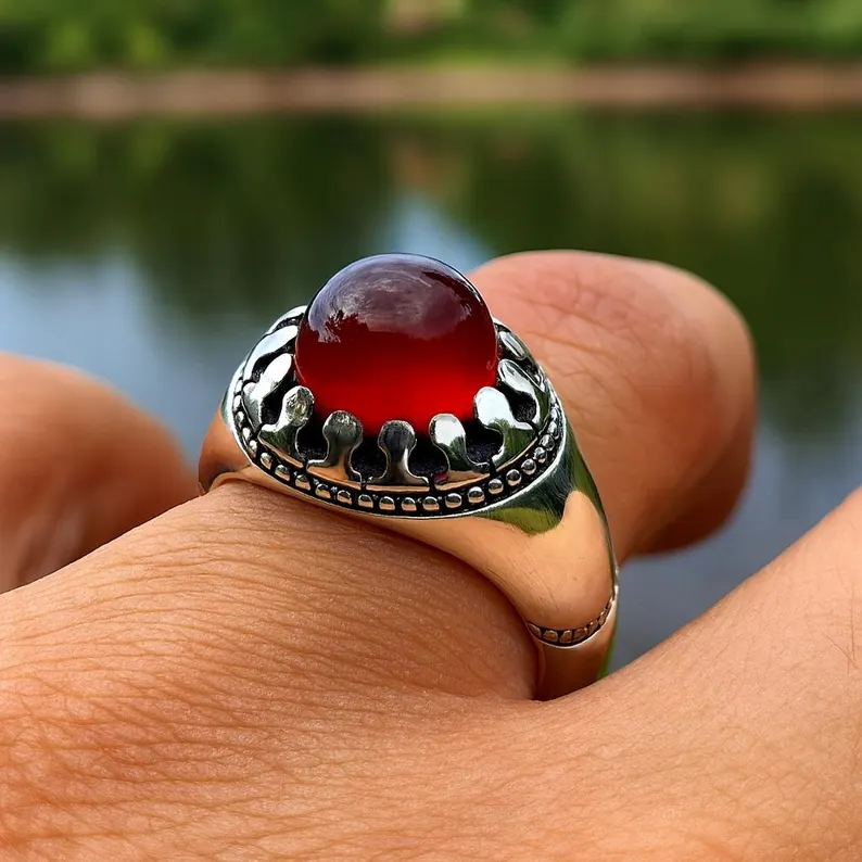 Handmade Sterling Silver Red Agate Ring: Islamic Aqeeq Style - Image 4