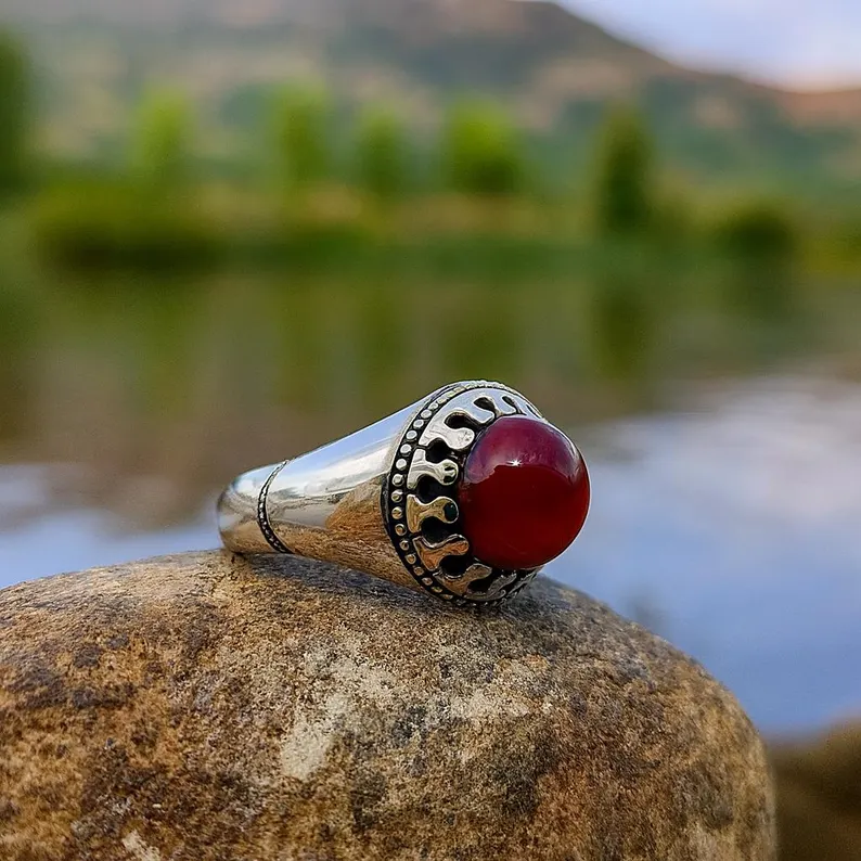 Handmade Sterling Silver Red Agate Ring: Islamic Aqeeq Style - Image 5