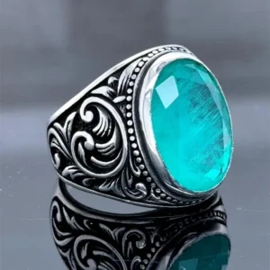 Men Silver Aquamarine Ring, Natural Blue Aquamarine Ring, Turkish Men Engraved Ring, Vintage Mens Ring