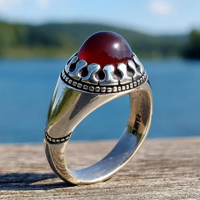 Handmade Sterling Silver Red Agate Ring: Islamic Aqeeq Style