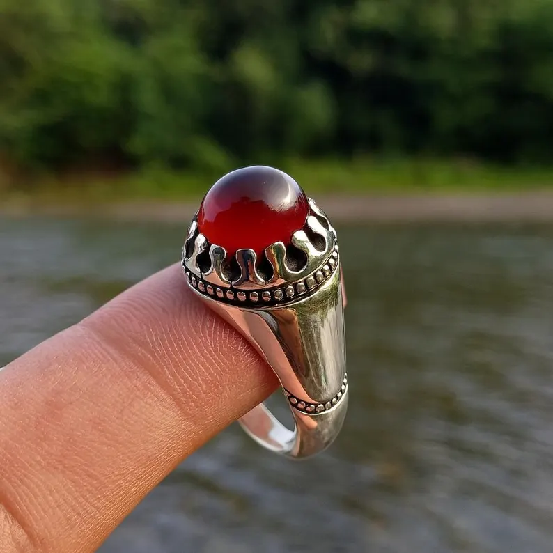 Handmade Sterling Silver Red Agate Ring: Islamic Aqeeq Style - Image 7