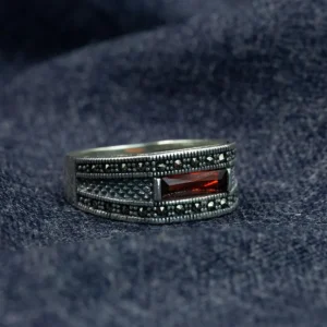 Men Silver Minimal Garnet Stone Ring, Red Gemstone Men Ring, Mens Band Ring, Vintage Mens Ring