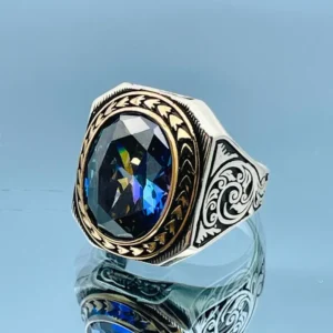 Red Ruby Oval Stone Men's Ring, Engraved Details 925 Silver Statement Ring