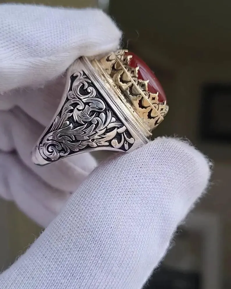Engraved Sterling Silver Yemeni Aqeeq Ring: Islamic Signet, Ya Ali & Zahra - Image 8