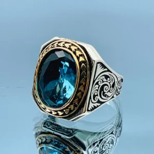 Red Ruby Oval Stone Men's Ring, Engraved Details 925 Silver Statement Ring
