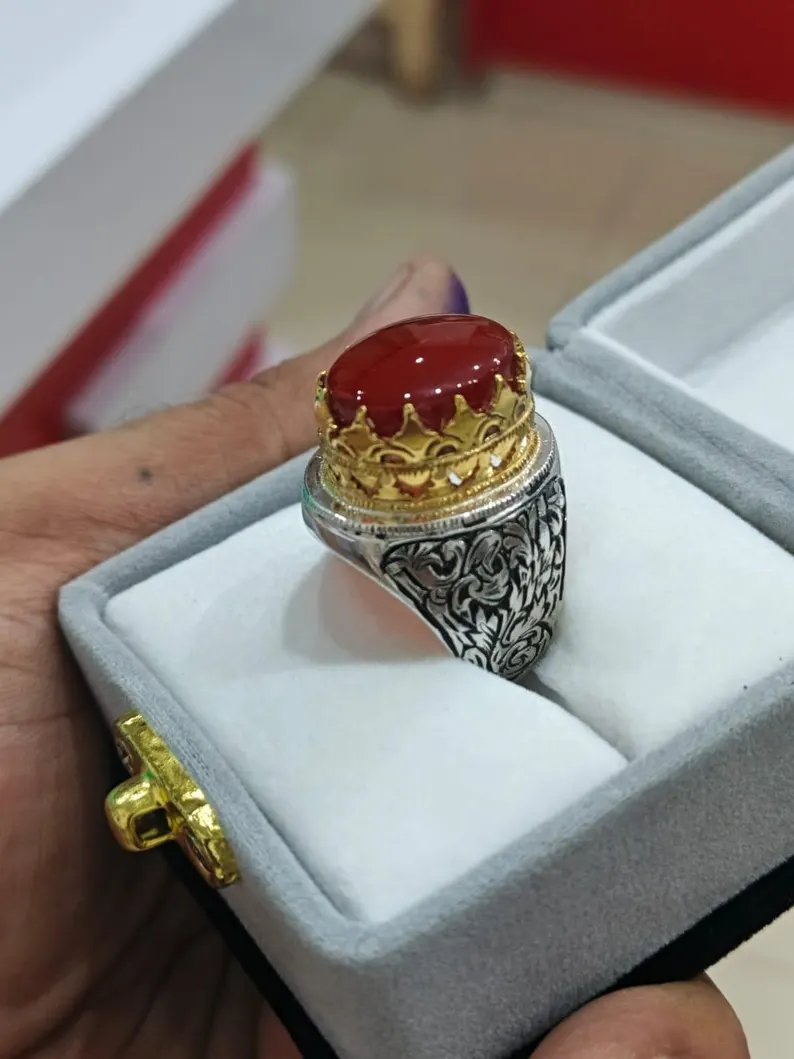 Engraved Sterling Silver Yemeni Aqeeq Ring: Islamic Signet, Ya Ali & Zahra