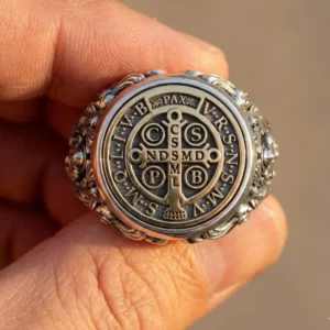 925 Sterling Silver Saint Benedict Signet Ring, Catholic Protection Medal Jewelry for Men