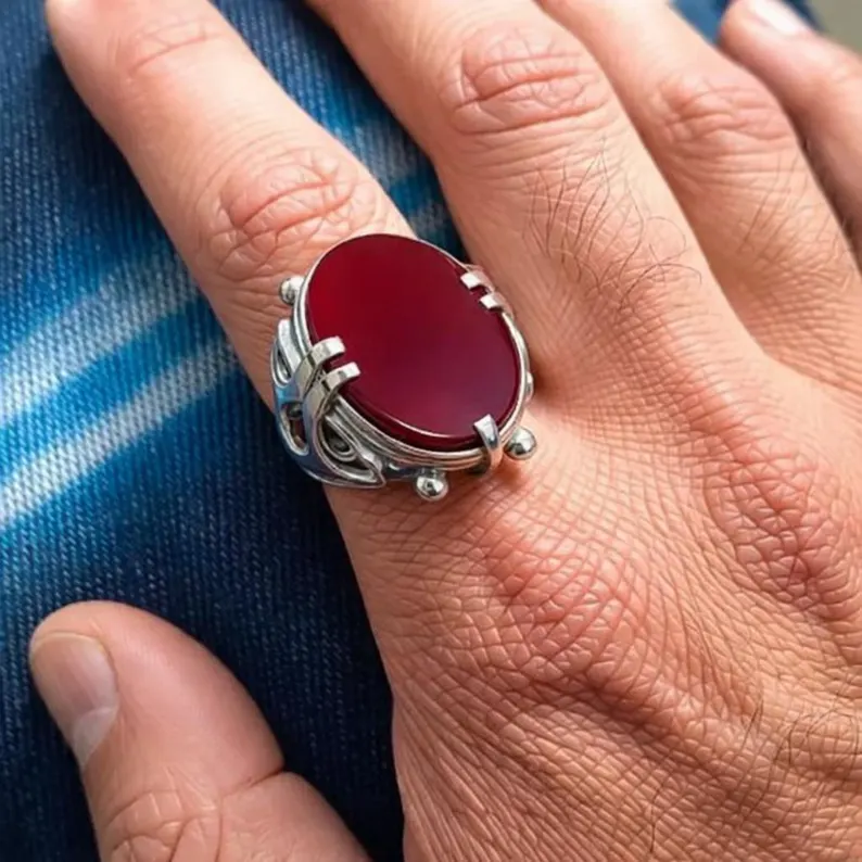 Mens Dark Red Agate ring 925 Sterling silver Gift for him - Image 4