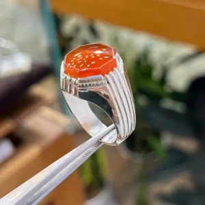 Yemeni Aqeeq Ring:Natural Red Carnelian Agate, 925 Sterling Silver