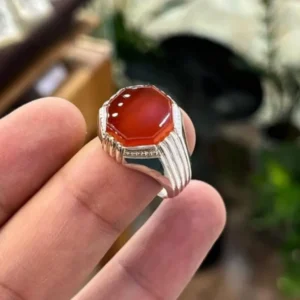 Yemeni Aqeeq Ring:Natural Red Carnelian Agate, 925 Sterling Silver