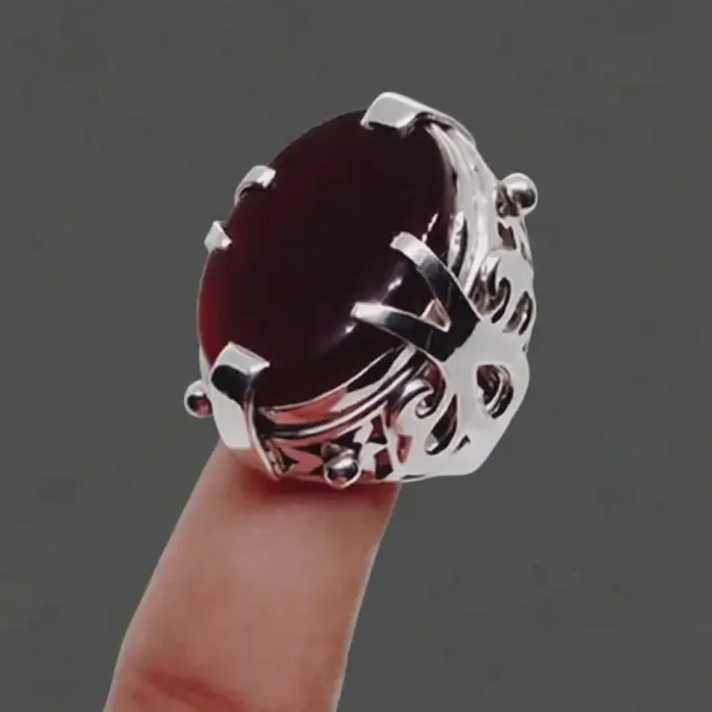 Mens Dark Red Agate ring 925 Sterling silver Gift for him