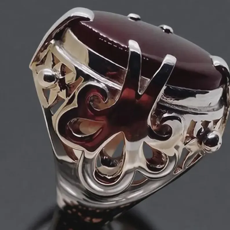 Mens Dark Red Agate ring 925 Sterling silver Gift for him - Image 3