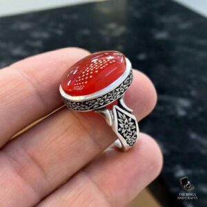 Unique Red Yemeni Aqeeq Ring Natural Agate Stone 925 Silver Mens Handmade Islamic Jewelry Gift Ring